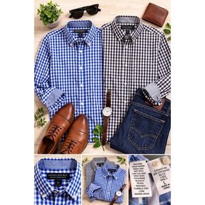 Banana Republic Non-Iron Slim Fit Dress Shirts Large Blue & Black Gingham Bundle
